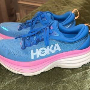 Hoka Blue and Pink Athletic Shoes with Maximalist Cushioning